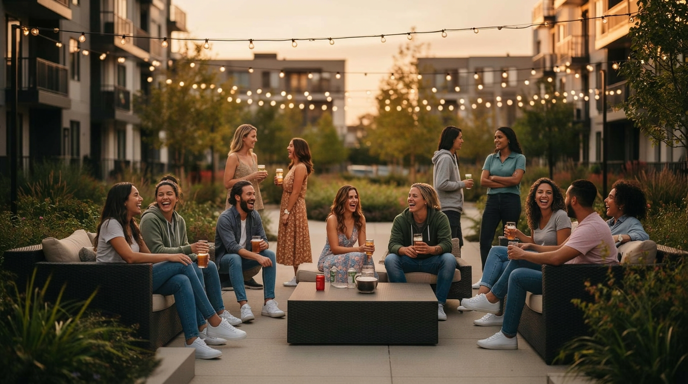 Happy diverse apartment community residents laughing together outside their Utah apartment building