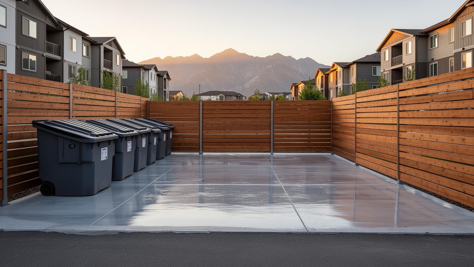 Spotless dumpster enclosure at a Utah apartment community