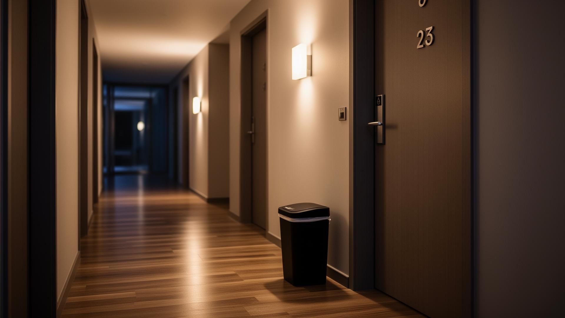 Apartment hallway with valet trash bin at the door