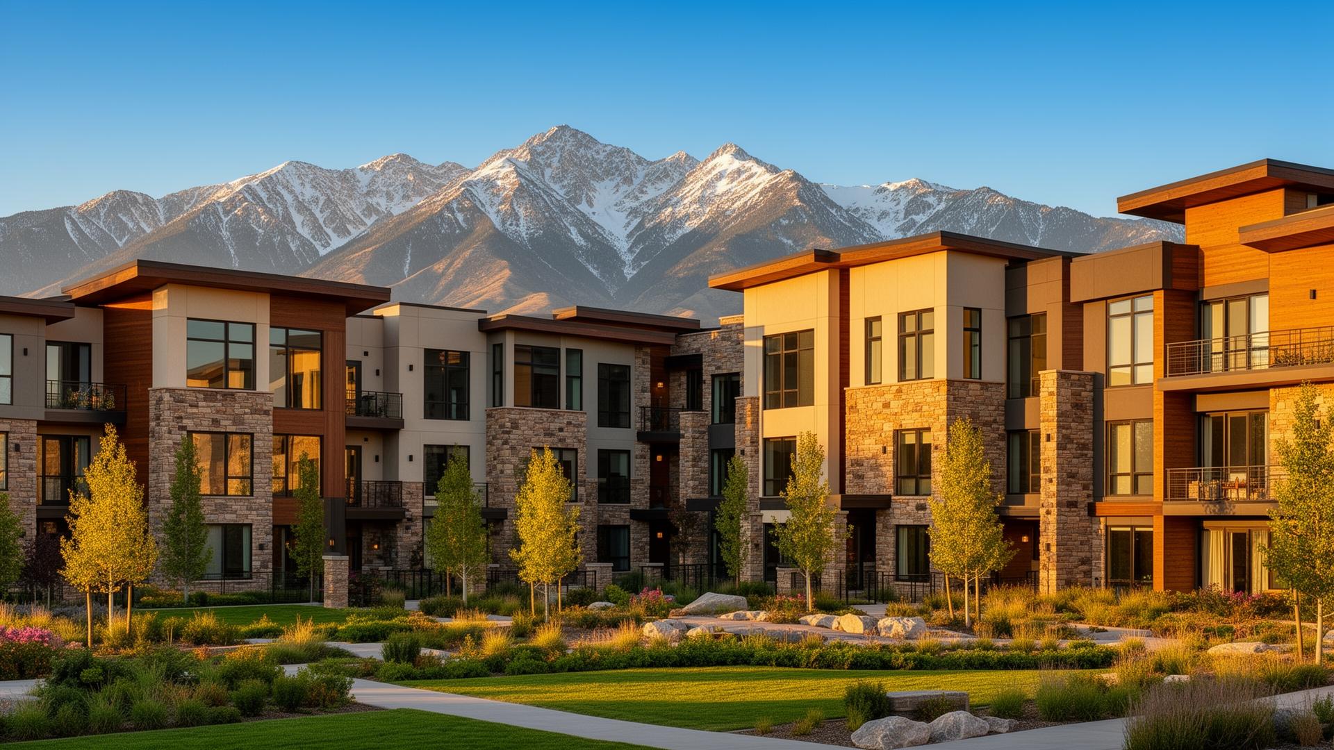 Modern Utah apartment community with Wasatch mountains