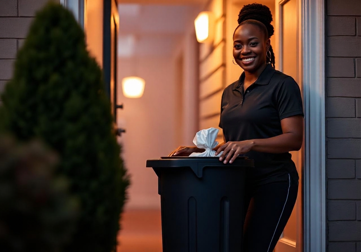 Valet attendant collecting a 13-gallon trash can from an apartment hallway