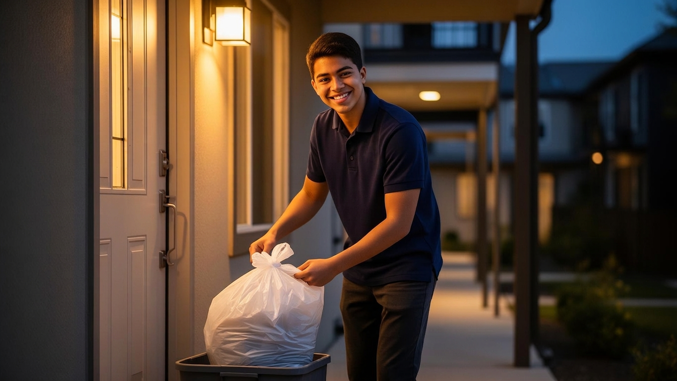 Uniformed valet collecting trash bin at apartment doorstep