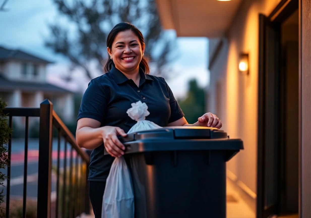 Valet attendant lifting a 13-gallon trash can at a Utah apartment doorstep