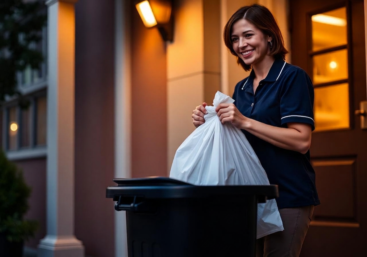 Valet attendant placing a tied trash bag into a 13-gallon bin at an apartment doorstep
